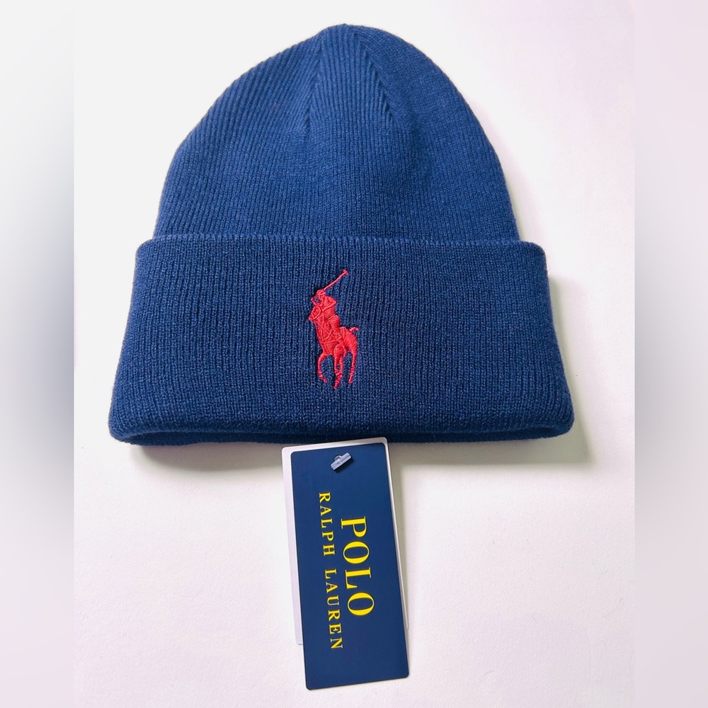 NWT Polo Ralph Lauren Cotton Big Pony Red Cuff Knit Beanie Hat Blue